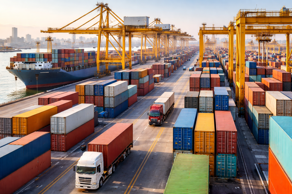 busy shipping port during golden hour