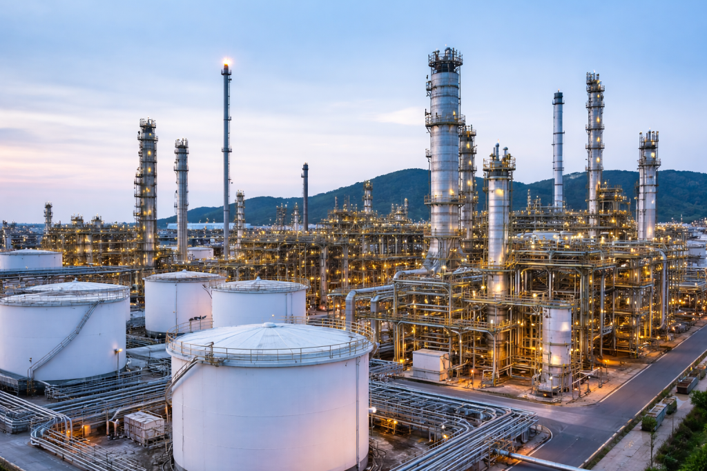 oil refinery at twilight endoftext