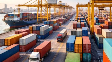 busy shipping port during golden hour